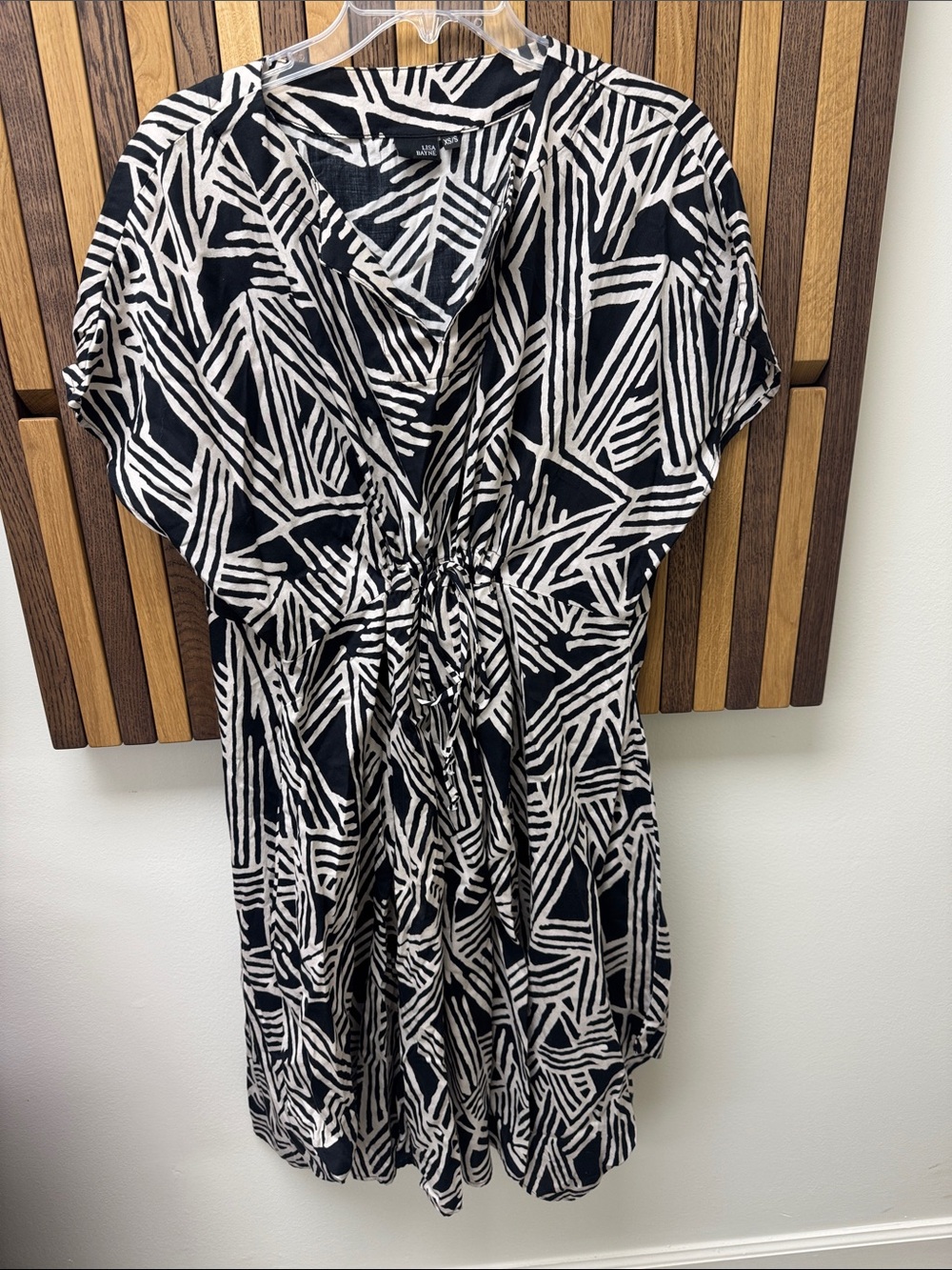 Lisa Bayne Artful Home Black & White Graphic Caftan Cotton Midi Dress, Size XS/S